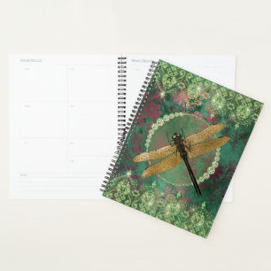 Agenda Dragonfly Dourada Elegante em Verde com Rinestones