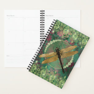 Agenda Dragonfly Dourada Elegante em Verde com Rinestones