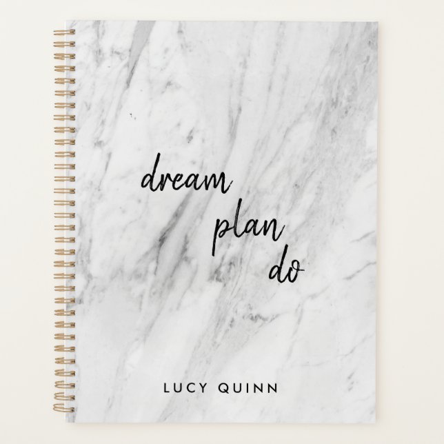 Agenda Dream Plan Do | White Marble Modern Na moda Script (Frente)