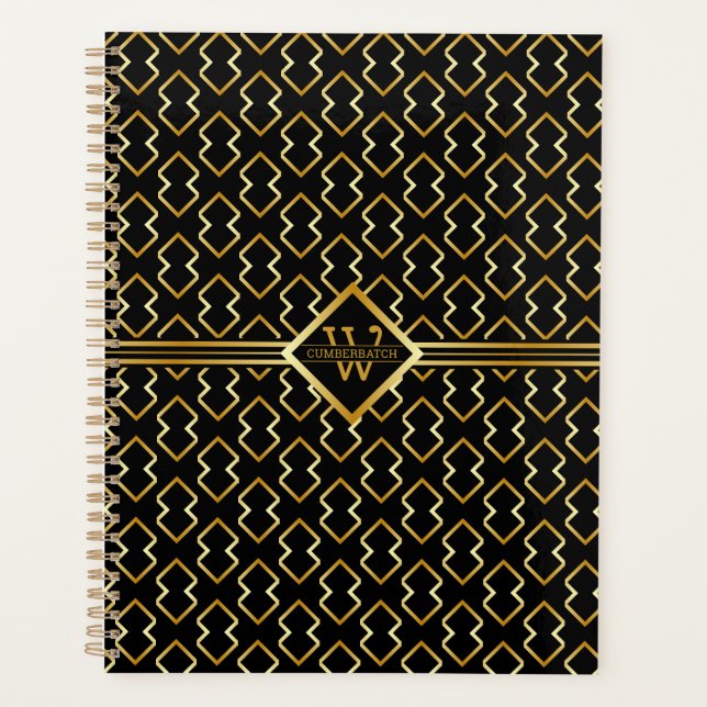 Agenda Eixo Monograma Falso Dourado – Preto e Dourado (Frente)