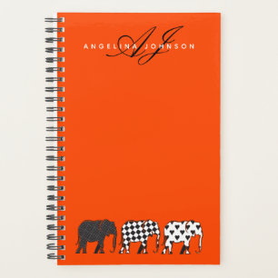 Agenda Elefante Preto Branco e Laranja Monograma Nome