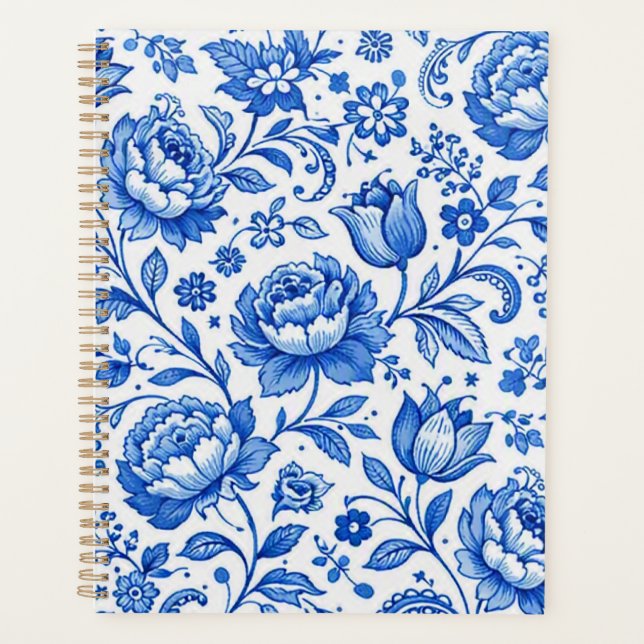 Agenda Elegância Floral Azul e Branco (Frente)