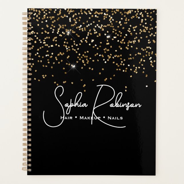 Agenda Elegant Black and Gold Glitter Salon Business (Frente)