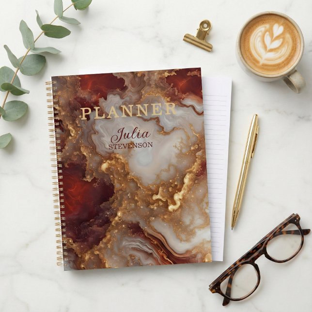 Agenda Elegant Glam Burgundy Red Gold Liquid Marble Agate (Criador carregado)