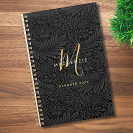 Agenda Elegant Gold Monogram Black Floral 2026