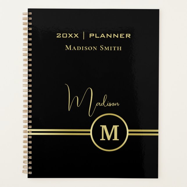Agenda Elegant Gold Signature Monogram on Black (Frente)