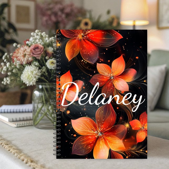 Agenda Elegant Luminous Fire Orange Floral (Vibrant orange floral planner with glowing blooms on dark background.)