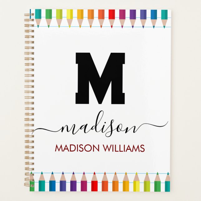 Agenda Elegant Monogram white black  Script Office School (Frente)