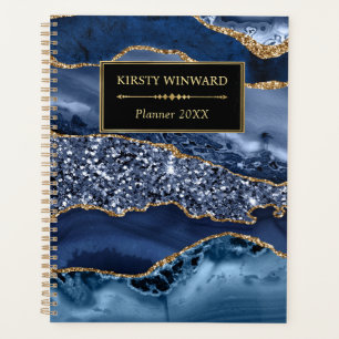 Agenda Elegante Ágata Brilho Oceano Azul e Dourado