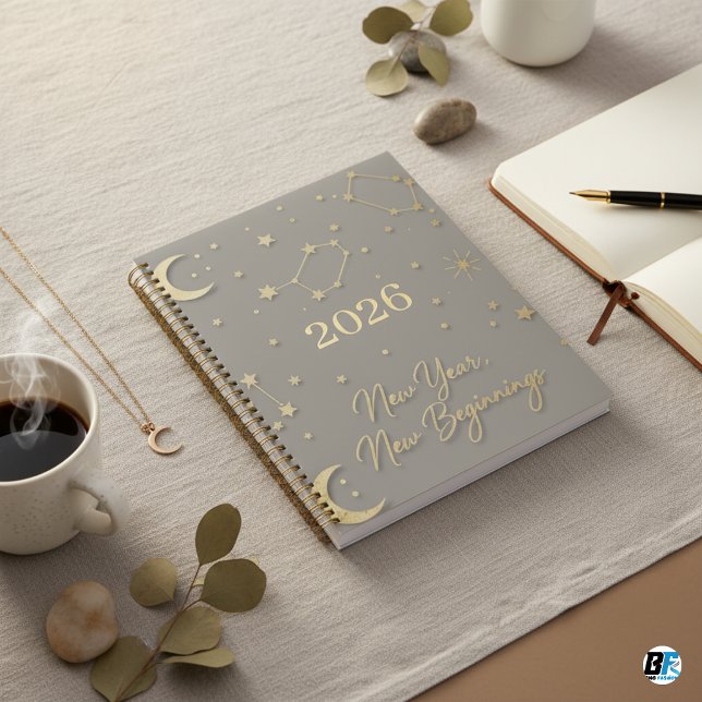 Agenda Elegante Ano Novo Celestial Cinza Dourado (Criador carregado)