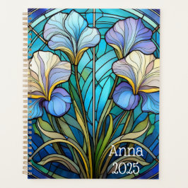 Agenda Elegante Arte Floral Nouveau Iris Vidro Estido Azu