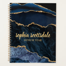 Agenda Elegante Azul Naval Mármore Dourado Ano Sênior