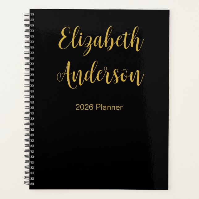 Agenda Elegante Black and Dourado Cursive Script Name 202 (Frente)