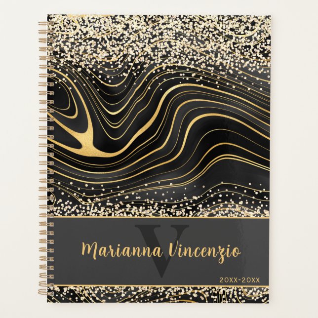 Agenda Elegante Black e Dourada Glitter Marble Art (Frente)
