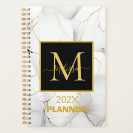Agenda Elegante Branco e Dourado Monograma Marbled