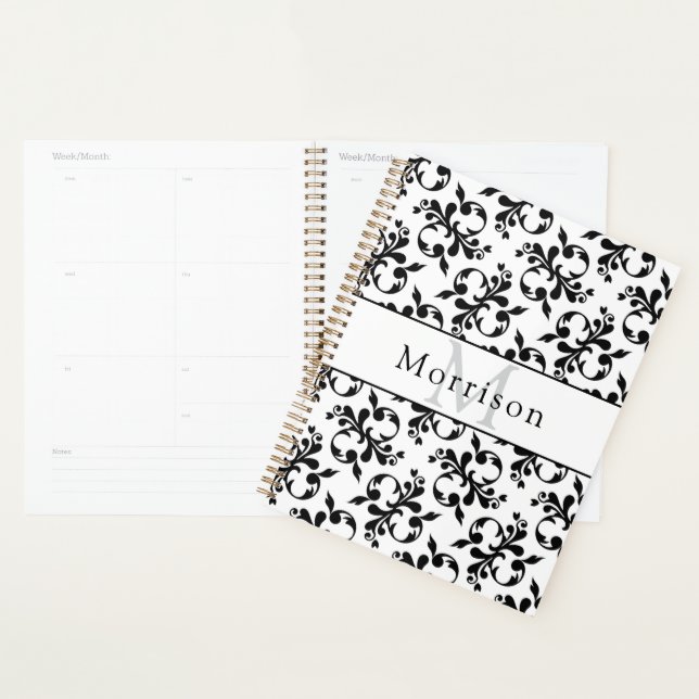 Agenda Elegante Cor damasco de francês preto e branco (Exibição)