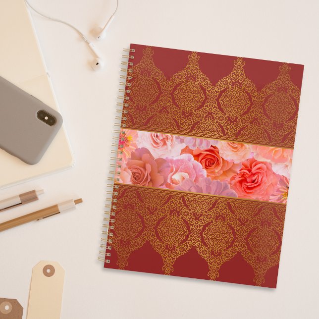Agenda Elegante Damask Oriental Red Floral Ouro Lace (Criador carregado)