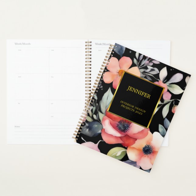 Agenda Elegante de flores aquáticas, preto-e-ouro (Exibição)