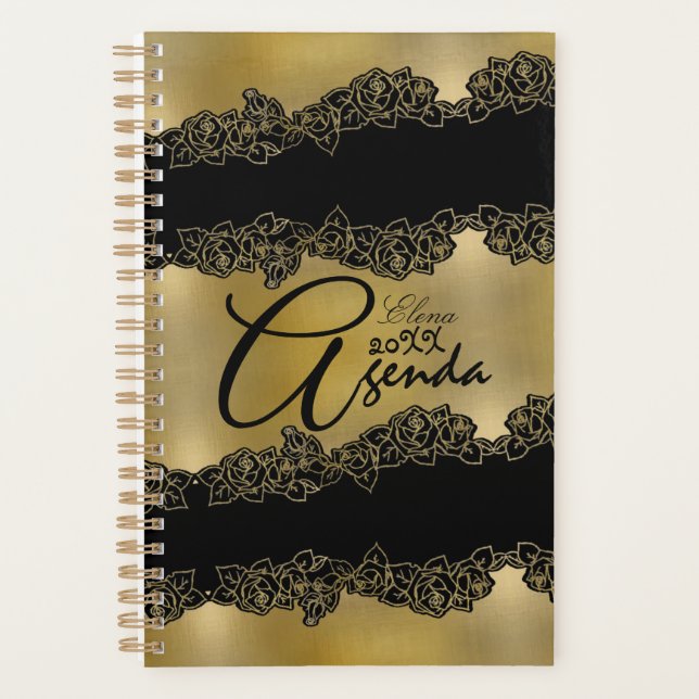 Agenda elegante  dorada personalizada con rosas (Frente)