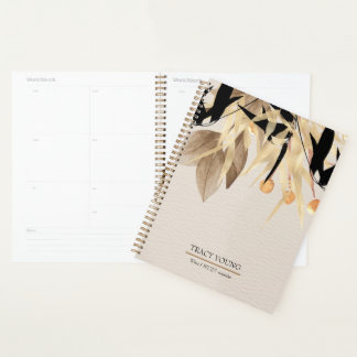 Agenda Elegante Dourado Floral Negro Minimalista Moderno