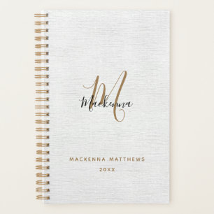 Agenda Elegante Dourado Linen Moderno Nome do Monograma