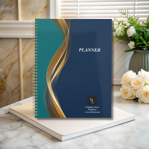 Agenda Elegante Dourado Wave Blue Teal com logotipo de ne