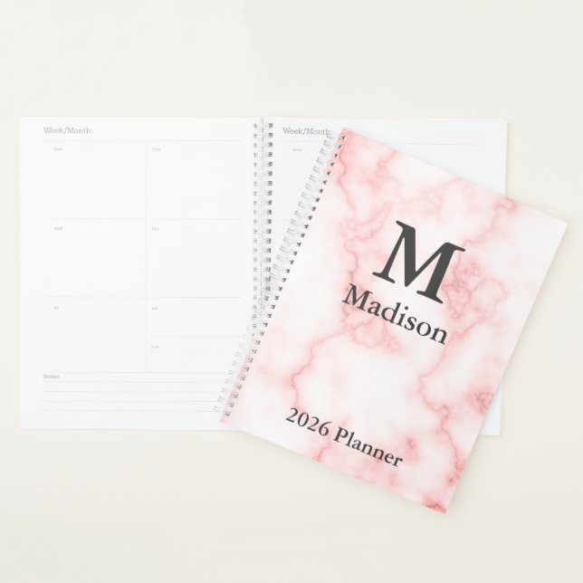 Agenda Elegante Faux Pink Marble Cinza Monograma Nome 202 (Exibição)