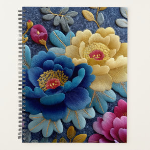 Agenda Elegante Floral Falso Bordado Peônia Vintage