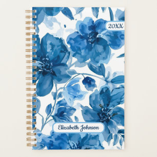 Agenda Elegante Floral Personalizado em Aquarela Azul 
