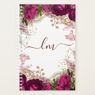 Agenda Elegante Fuchsia Dourada Rosa Floral Inicial