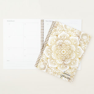 Agenda Elegante Mandala Floral em Ouro Branco