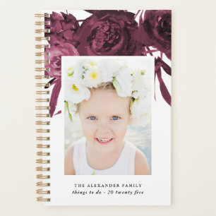 Agenda Elegante Maroon Floral Buquê com Nome e Foto