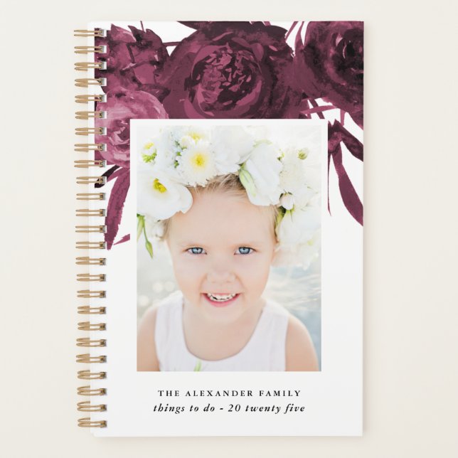 Agenda Elegante Maroon Floral Buquê com Nome e Foto (Frente)