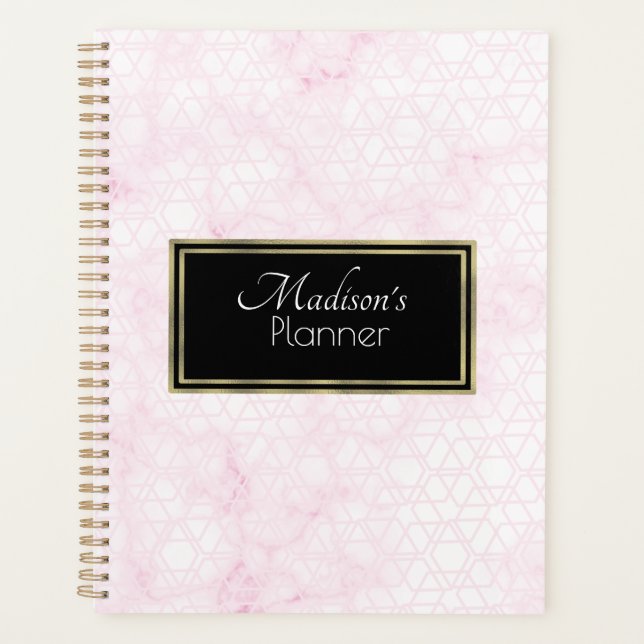 Agenda Elegante moderno cor-de-rosa Abstrato Marble Name  (Frente)