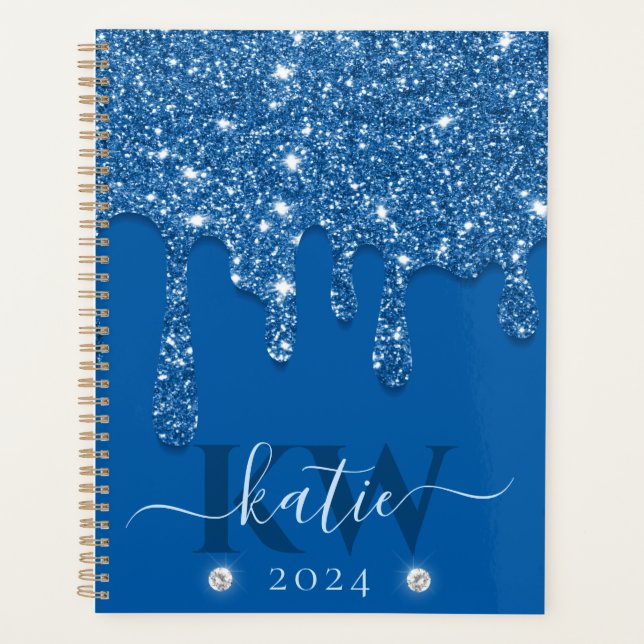 Agenda Elegante Monograma Azul com Brilho Caindo (Frente)