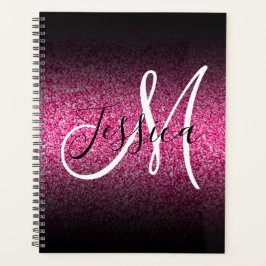 Agenda Elegante Monograma com Brilho Rosa Quente e Ombre 