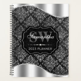 Agenda Elegante Monograma Damasko Preto e Prata