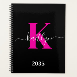 Agenda Elegante Monograma de Letra Cursiva Preta e Rosa