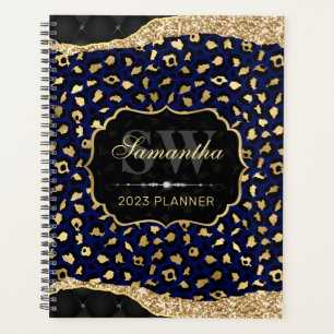 Agenda Elegante Monograma de Manchas de Leopardo em Azul 