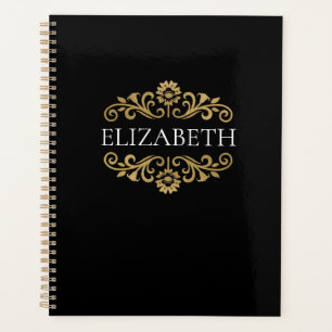 Agenda Elegante Monograma Dourado Escola Escritório Negr