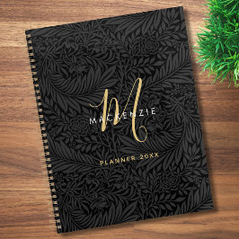 Agenda Elegante Monograma Dourado Floral Preto 2026