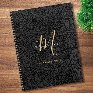 Agenda Elegante Monograma Dourado Floral Preto 2026
