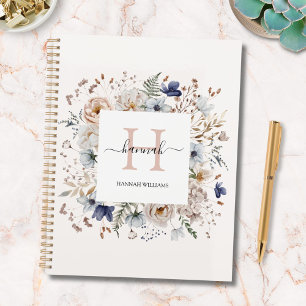 Agenda Elegante Monograma Lindas Flores Azuis Bege Floral