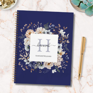Agenda Elegante Monograma Lindas Flores Azuis Bege Floral