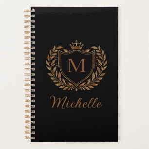 Agenda Elegante monograma personalizado em preto e dourad