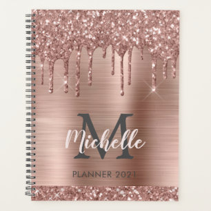Agenda Elegante Monograma Rosa Rosa Rosa Dourada Glitter