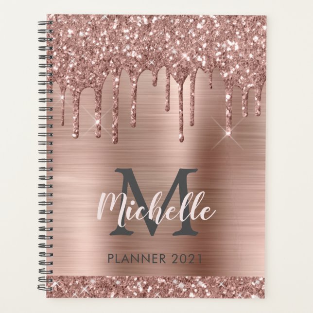 Agenda Elegante Monograma Rosa Rosa Rosa Dourada Glitter  (Frente)