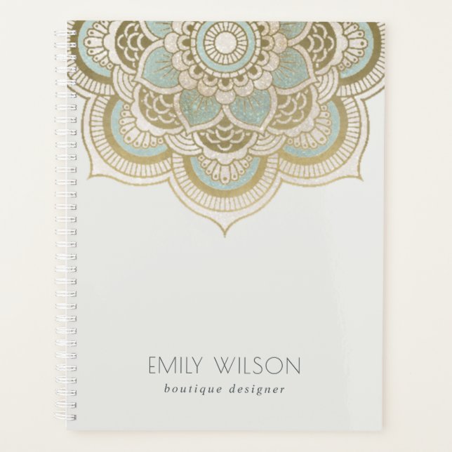 Agenda Elegante Ornamentado Dourado Turquoise Teal Mandal (Frente)