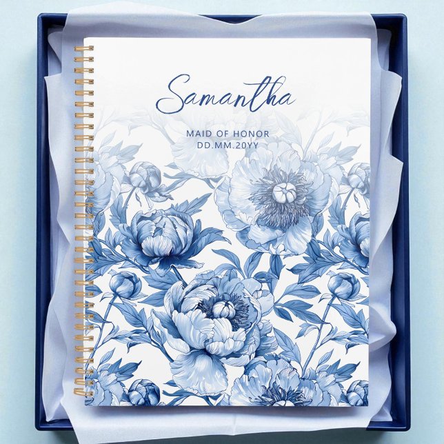 Agenda Elegante Padrão Floral Azul Script Dama de Honra (Elegant Blue Floral Pattern Script Maid of Honor Planner)