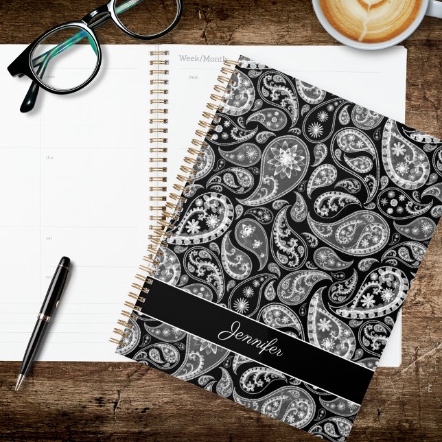 Agenda Elegante Paisley Preto (Criador carregado)
